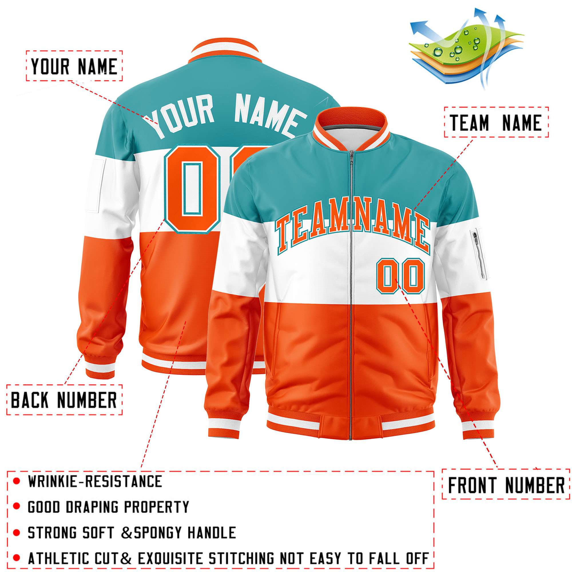 Custom Aqua White-Orange Varsity Full-Zip Color Block Letterman Bomber Jacket