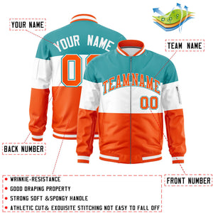 Custom Aqua White-Orange Varsity Full-Zip Color Block Letterman Bomber Jacket