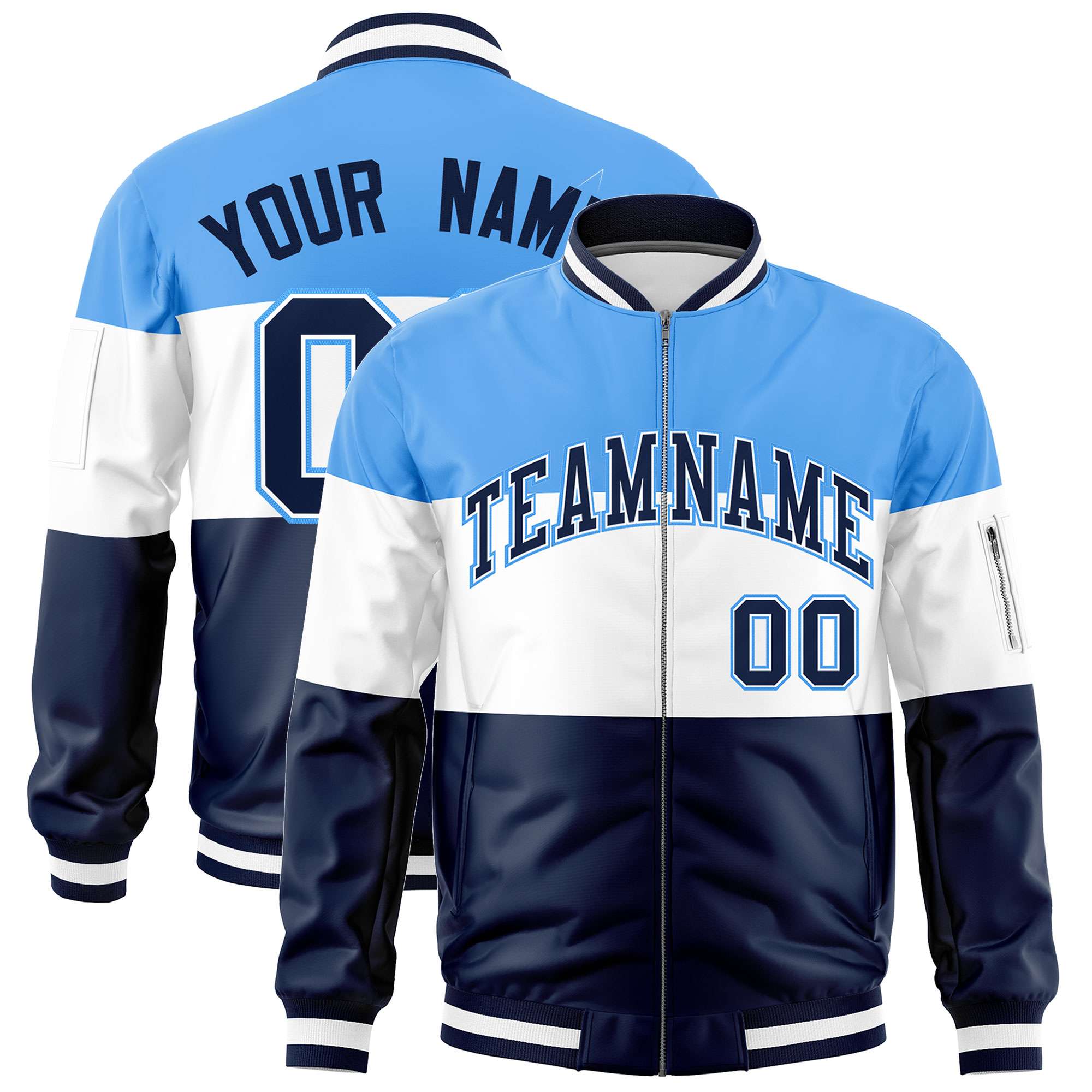 Custom Powder Blue White-Navy Varsity Full-Zip Color Block Letterman Bomber Jacket