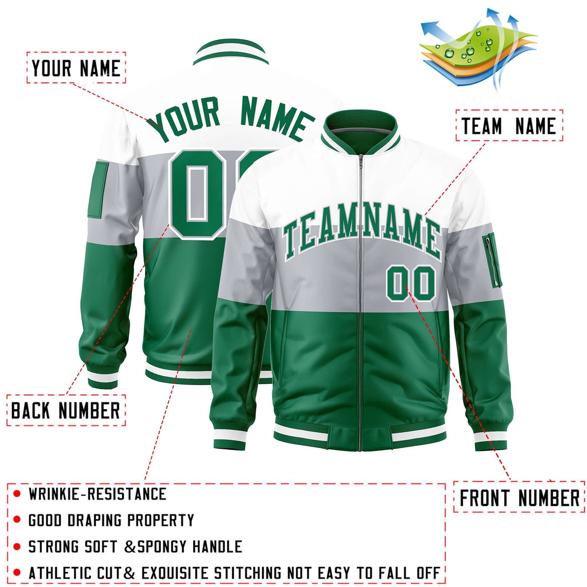 Custom White Silver-Kelly Green Varsity Full-Zip Color Block Letterman Bomber Jacket