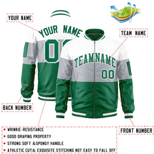 Custom White Silver-Kelly Green Varsity Full-Zip Color Block Letterman Bomber Jacket