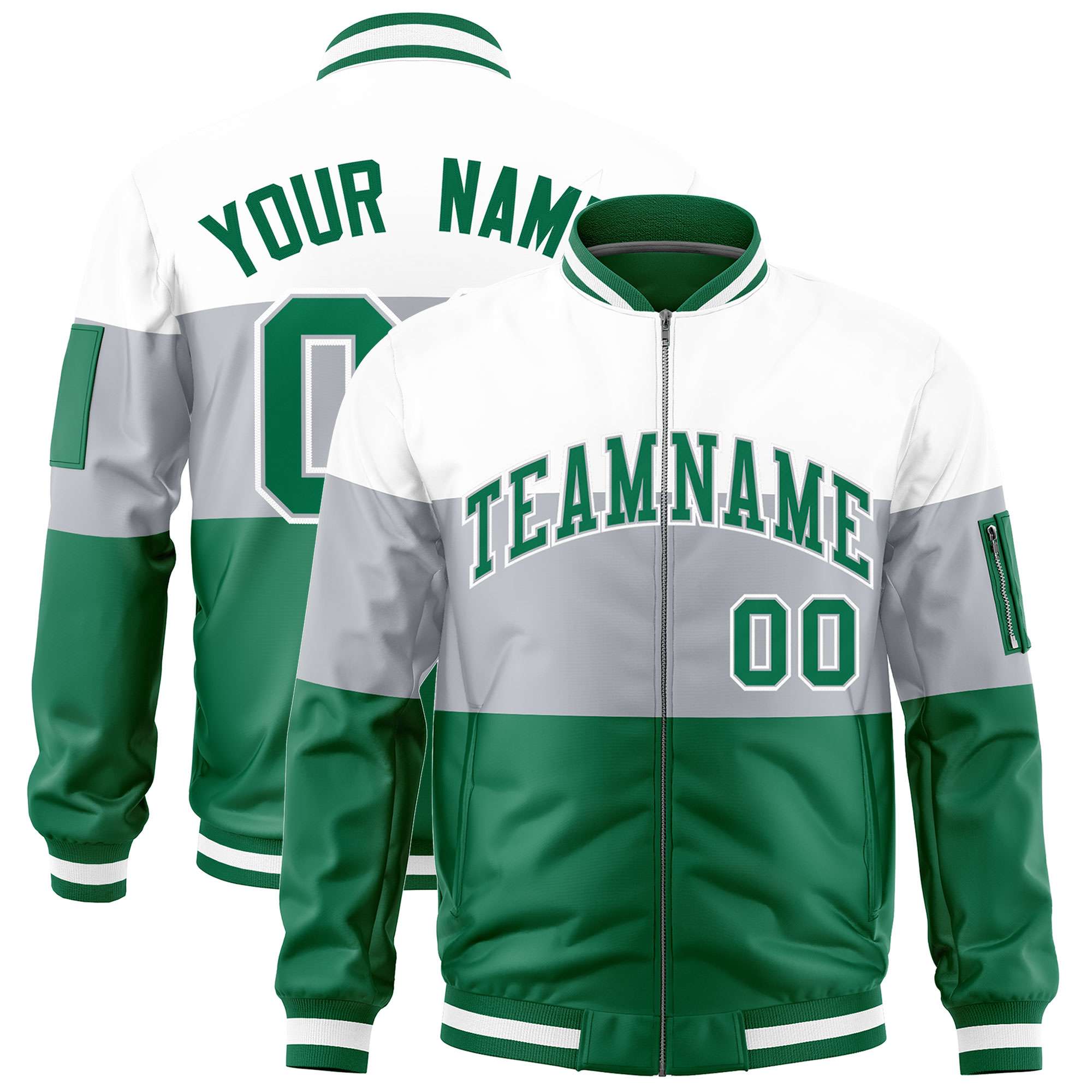 Custom White Silver-Kelly Green Varsity Full-Zip Color Block Letterman Bomber Jacket