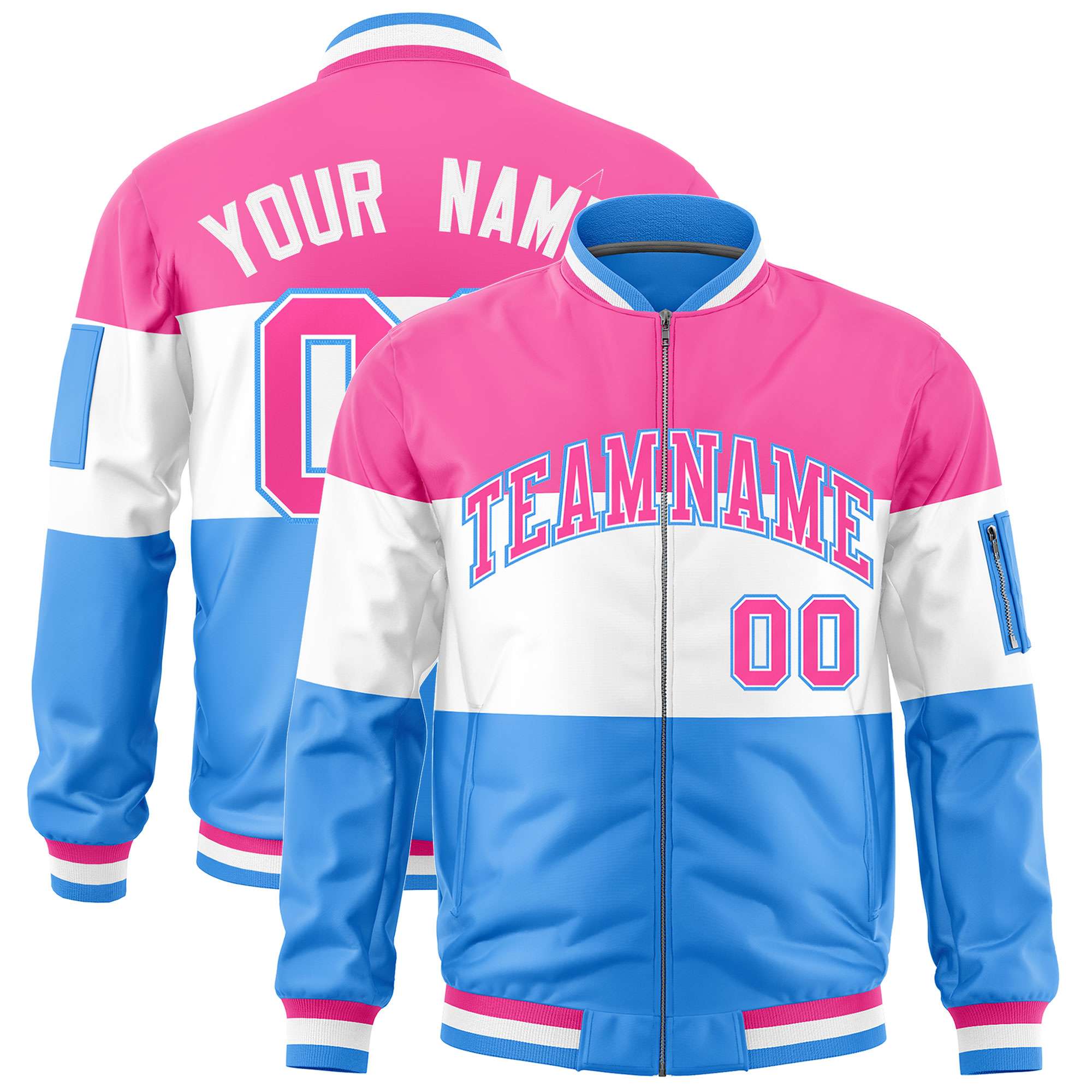 Custom Pink White-Powder Blue Varsity Full-Zip Color Block Letterman Bomber Jacket