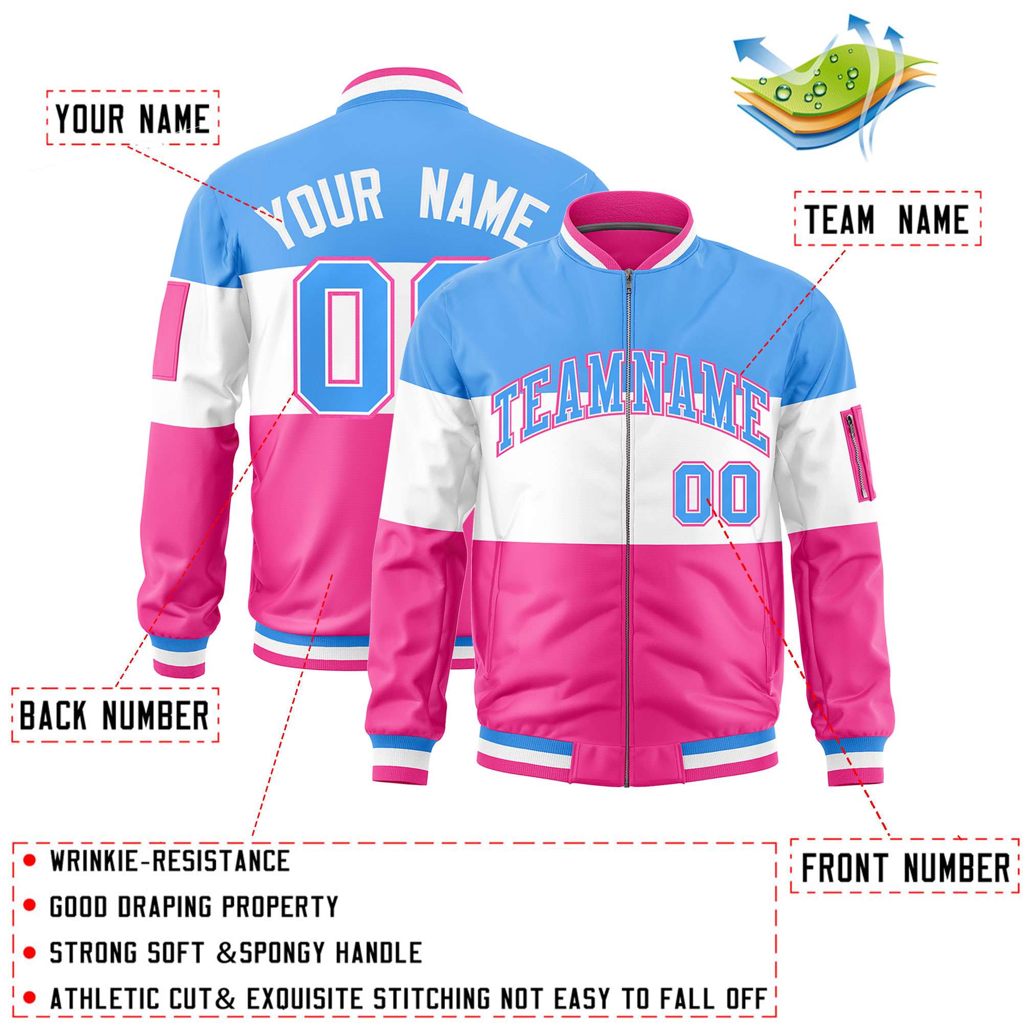 Custom Powder Blue White-Pink Varsity Full-Zip Color Block Letterman Bomber Jacket