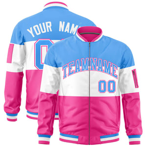 Custom Powder Blue White-Pink Varsity Full-Zip Color Block Letterman Bomber Jacket