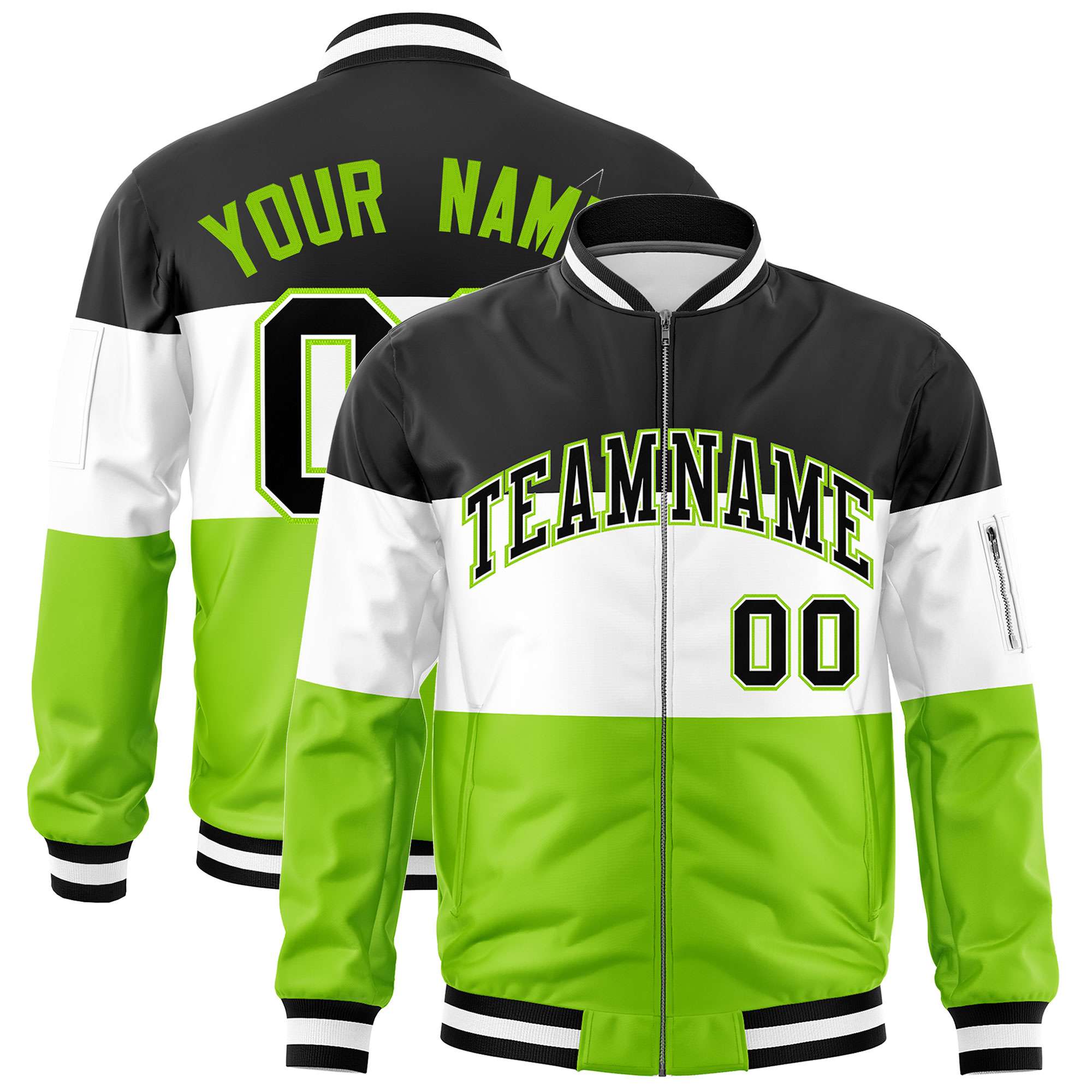 Custom Black White-Neon Green Varsity Full-Zip Color Block Letterman Bomber Jacket