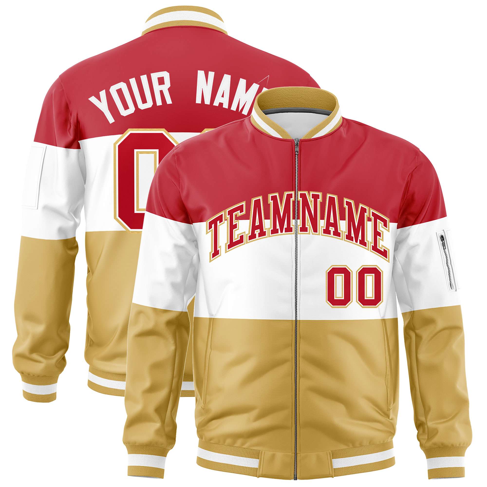 Custom Red White-Old Gold Varsity Full-Zip Color Block Letterman Bomber Jacket