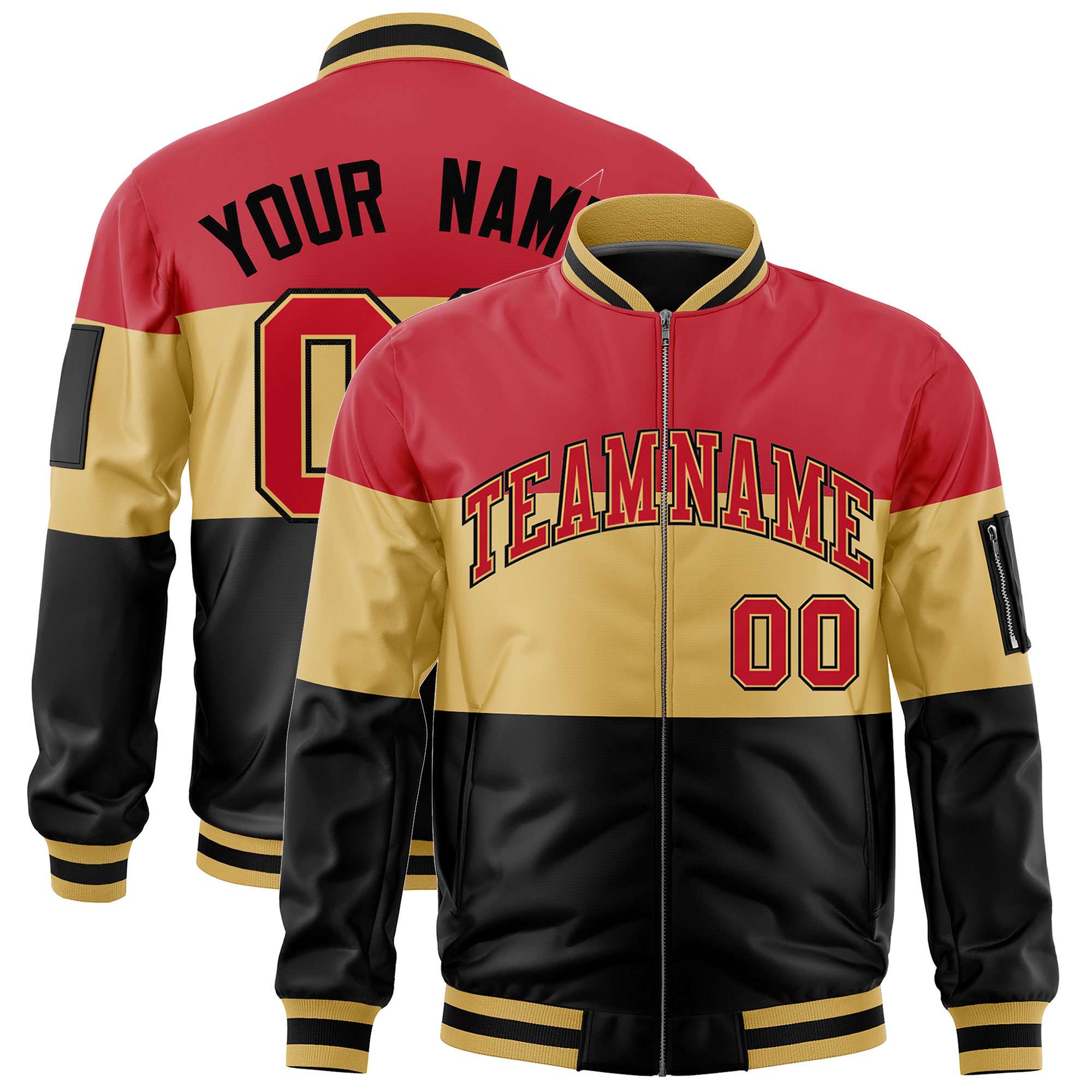 Custom Red Old Gold-Black Varsity Full-Zip Color Block Letterman Bomber Jacket