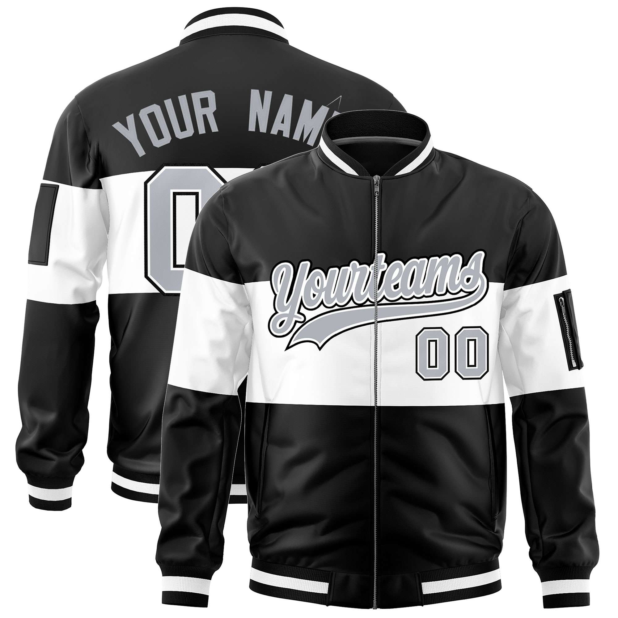 Custom Black White-Black Varsity Full-Zip Color Block Letterman Bomber Jacket