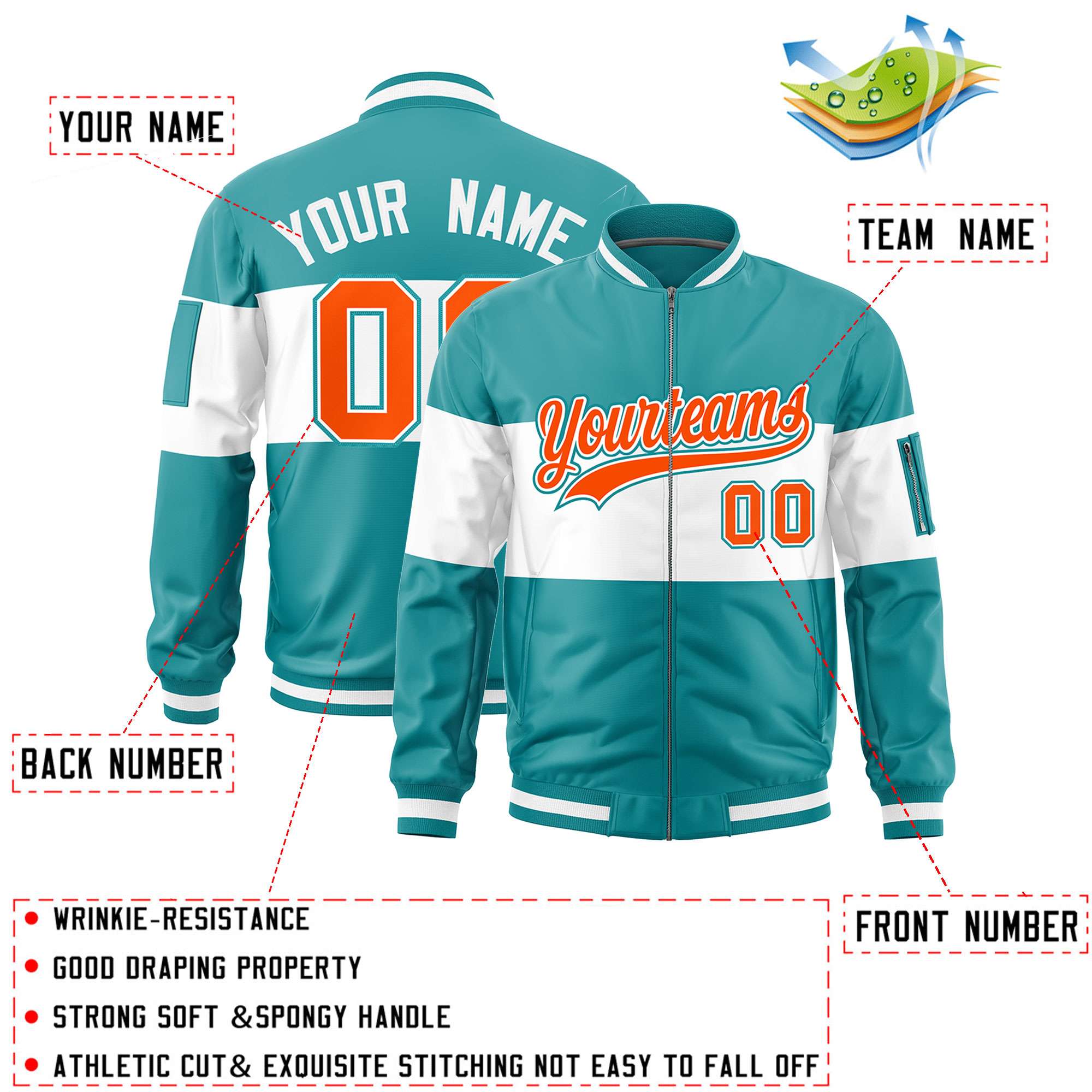 Custom Aqua White-Aqua Varsity Full-Zip Color Block Letterman Bomber Jacket