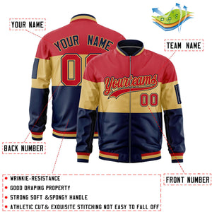 Custom Red Old Gold-Navy Varsity Full-Zip Color Block Letterman Bomber Jacket