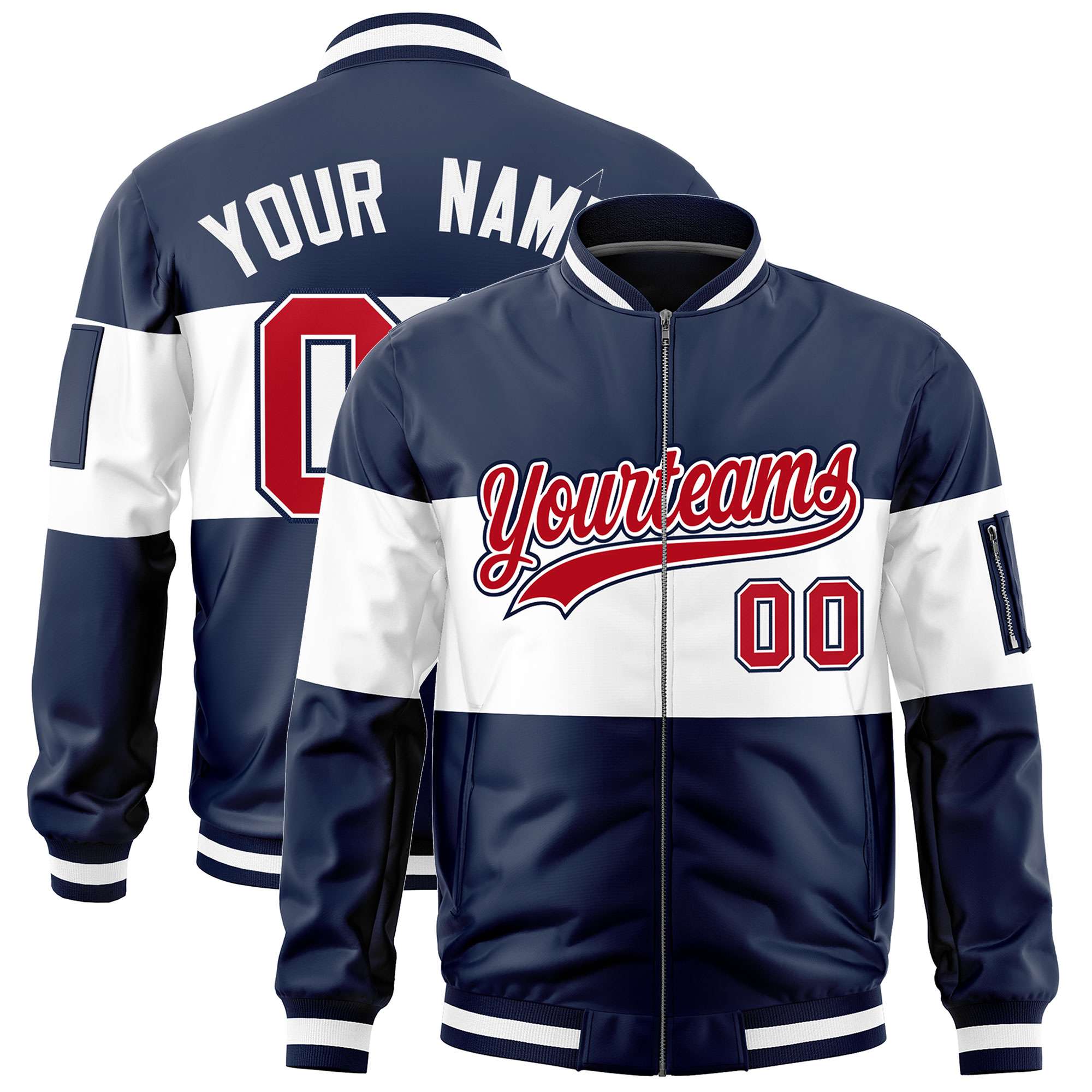 Custom Navy White-Navy Varsity Full-Zip Color Block Letterman Bomber Jacket