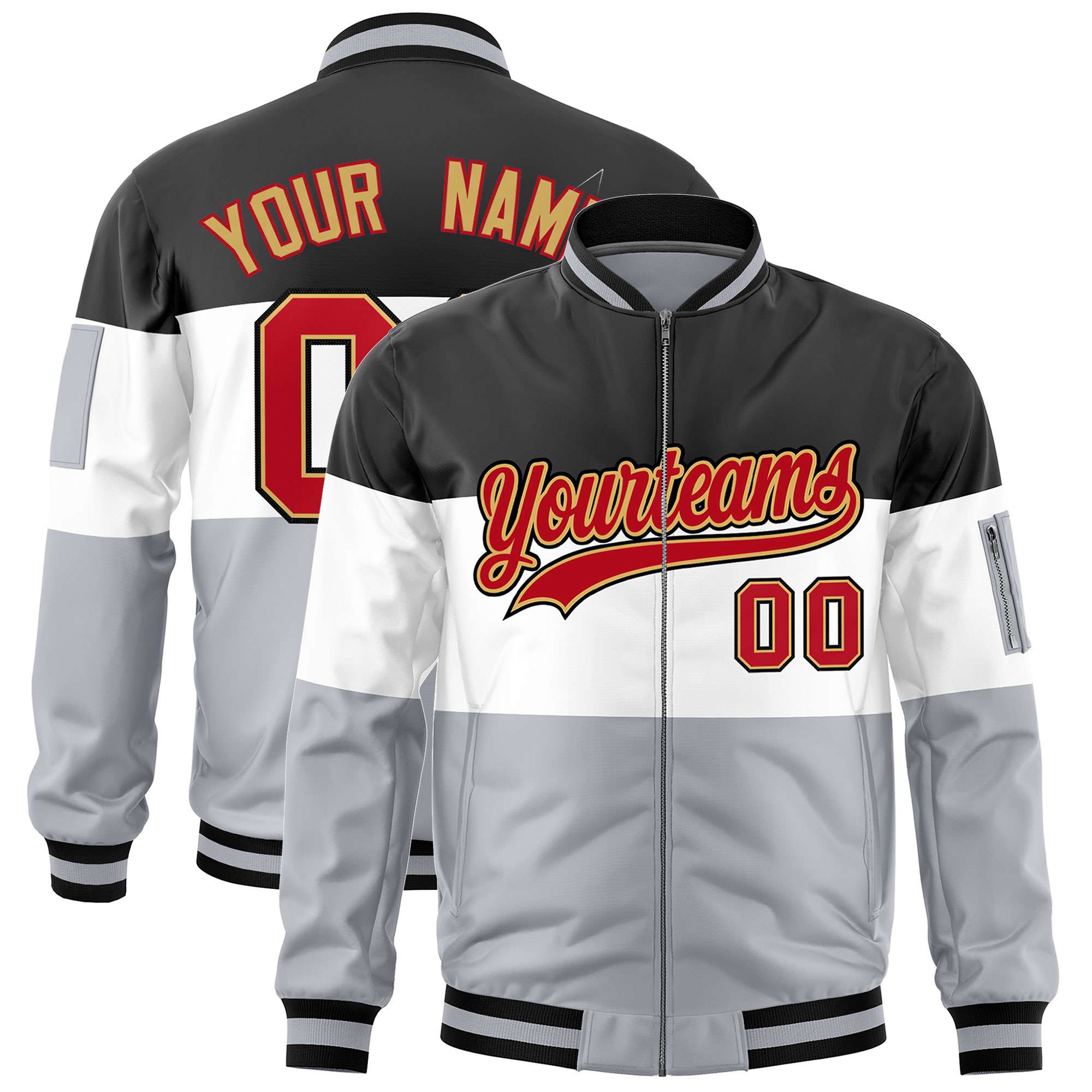 Custom Black White-Silver Varsity Full-Zip Color Block Letterman Bomber Jacket