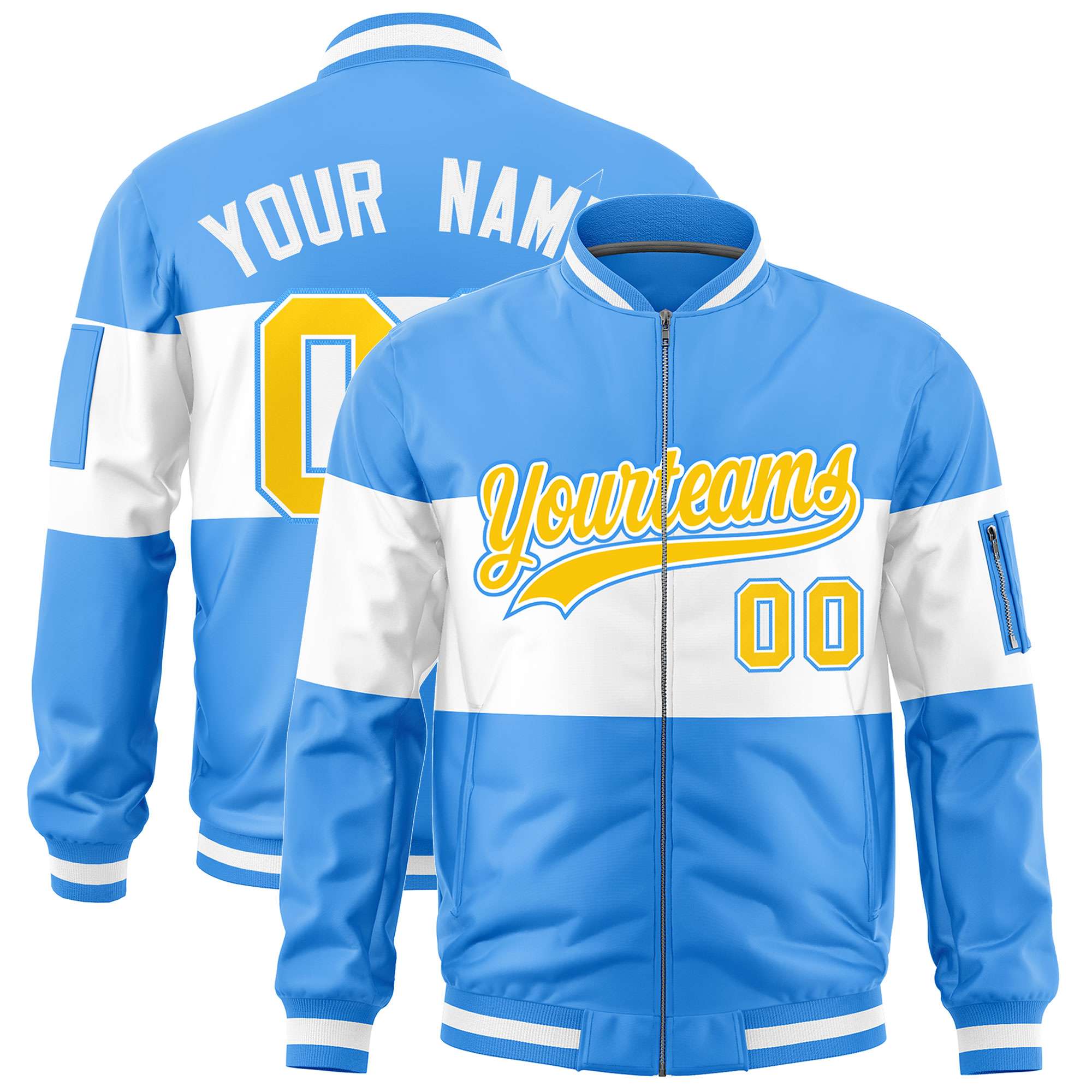 Custom Powder Blue White-Powder Blue Varsity Full-Zip Color Block Letterman Bomber Jacket