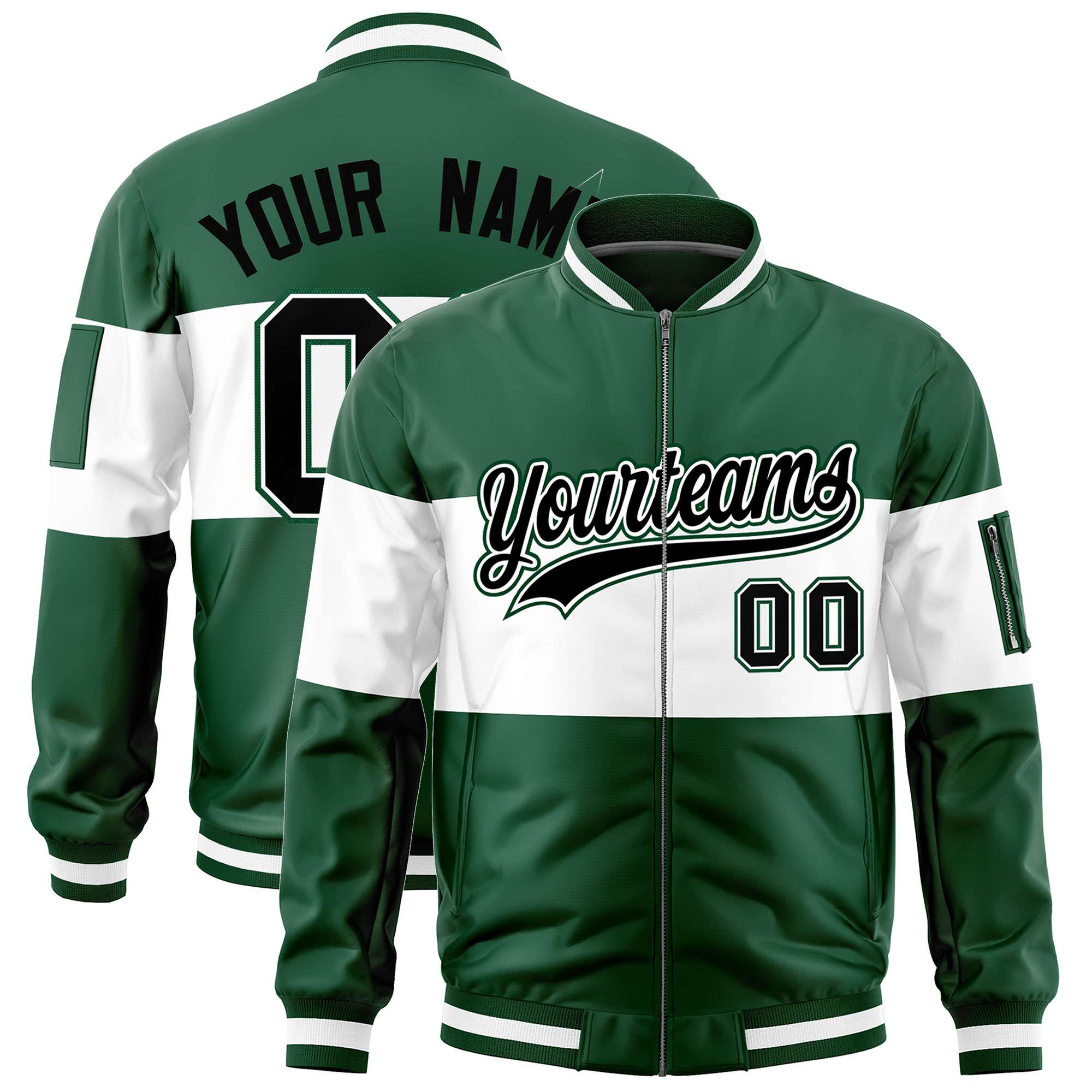 Custom Green White-Green Varsity Full-Zip Color Block Letterman Bomber Jacket