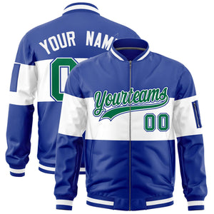 Custom Royal White-Royal Varsity Full-Zip Color Block Letterman Bomber Jacket