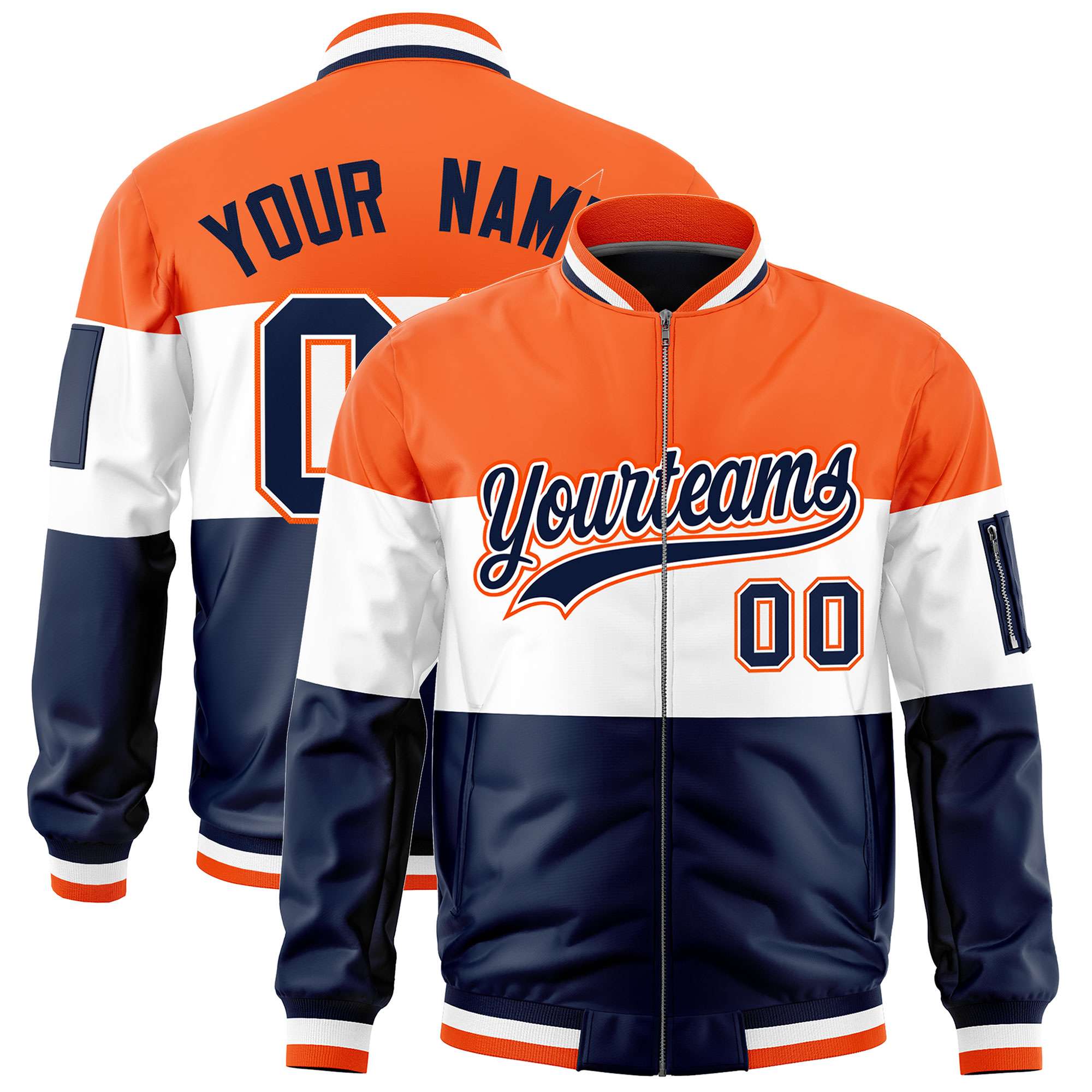 Custom Navy White-Orange Varsity Full-Zip Color Block Letterman Bomber Jacket