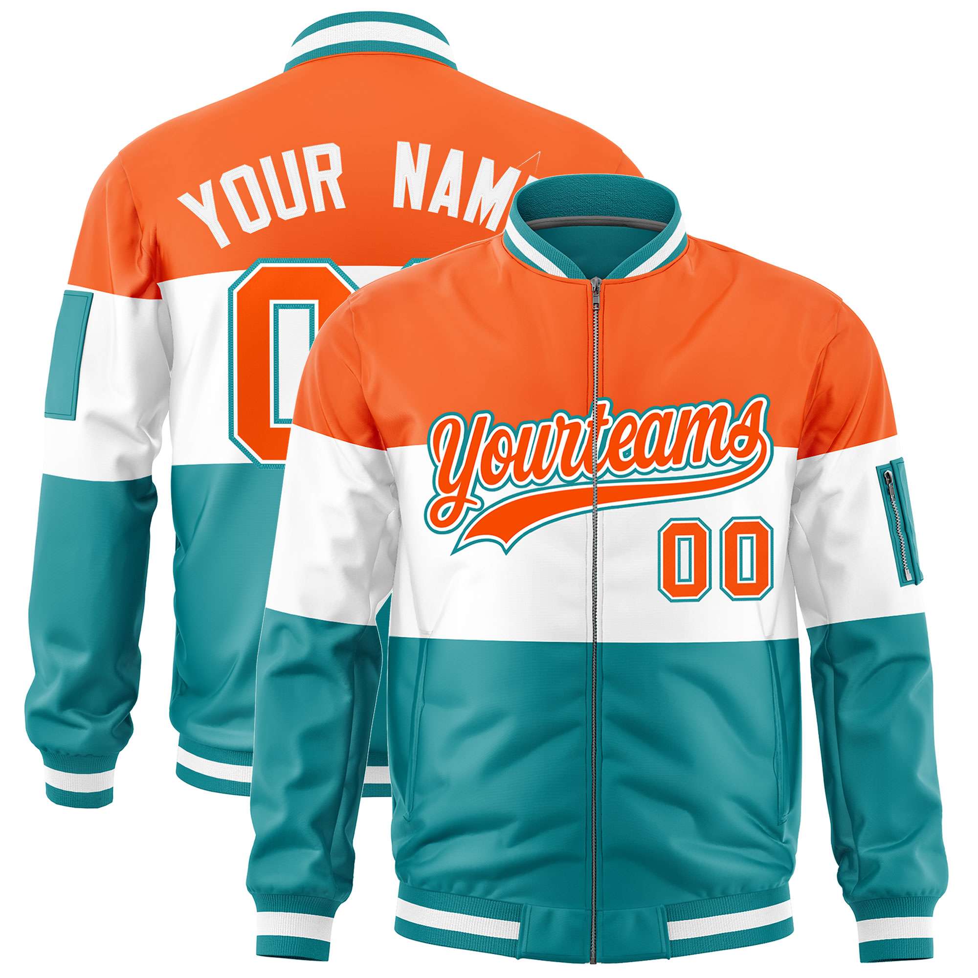 Custom Orange White-Aqua Varsity Full-Zip Color Block Letterman Bomber Jacket