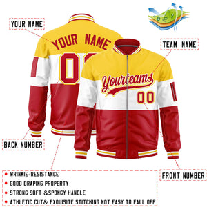 Custom Gold White-Red Varsity Full-Zip Color Block Letterman Bomber Jacket