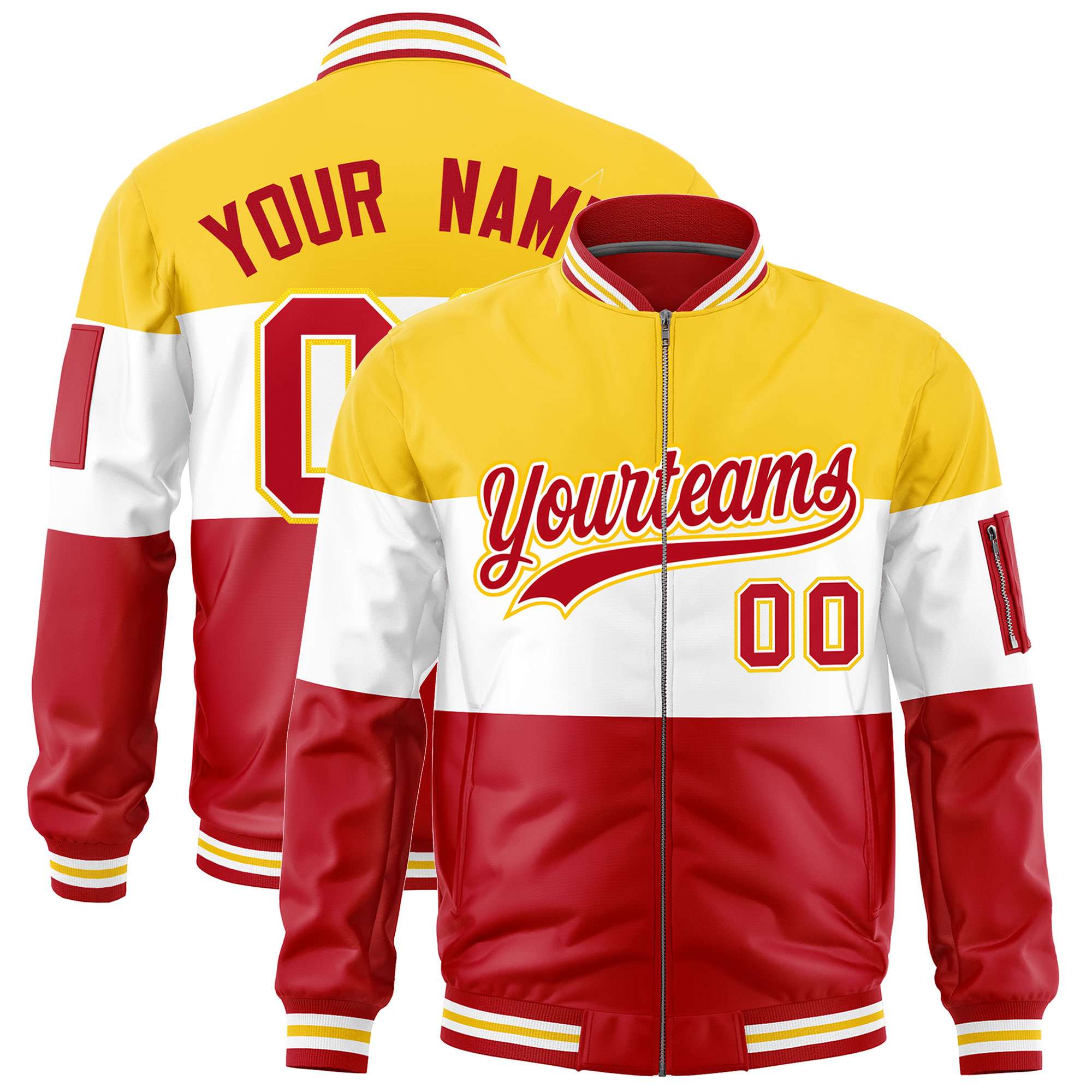 Custom Gold White-Red Varsity Full-Zip Color Block Letterman Bomber Jacket