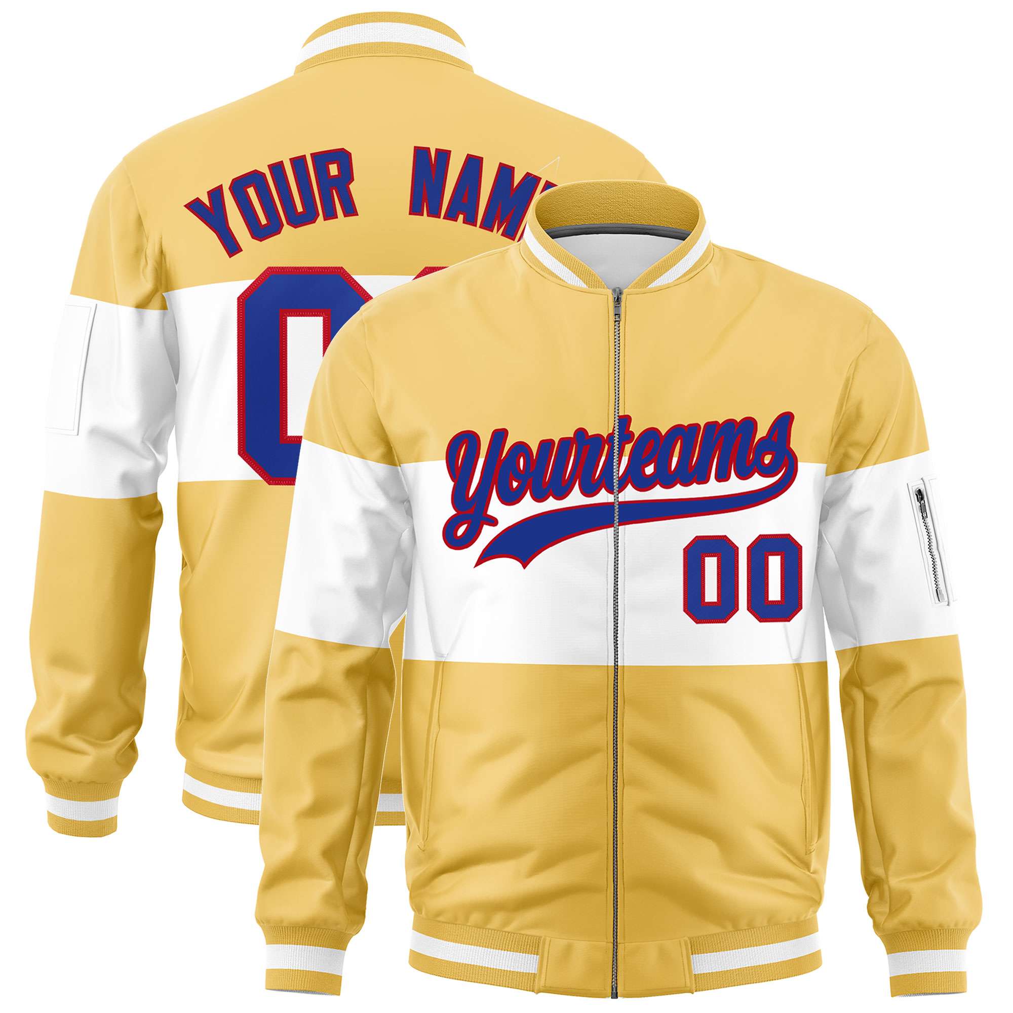 Custom Khaki White-Khaki Varsity Full-Zip Color Block Letterman Bomber Jacket