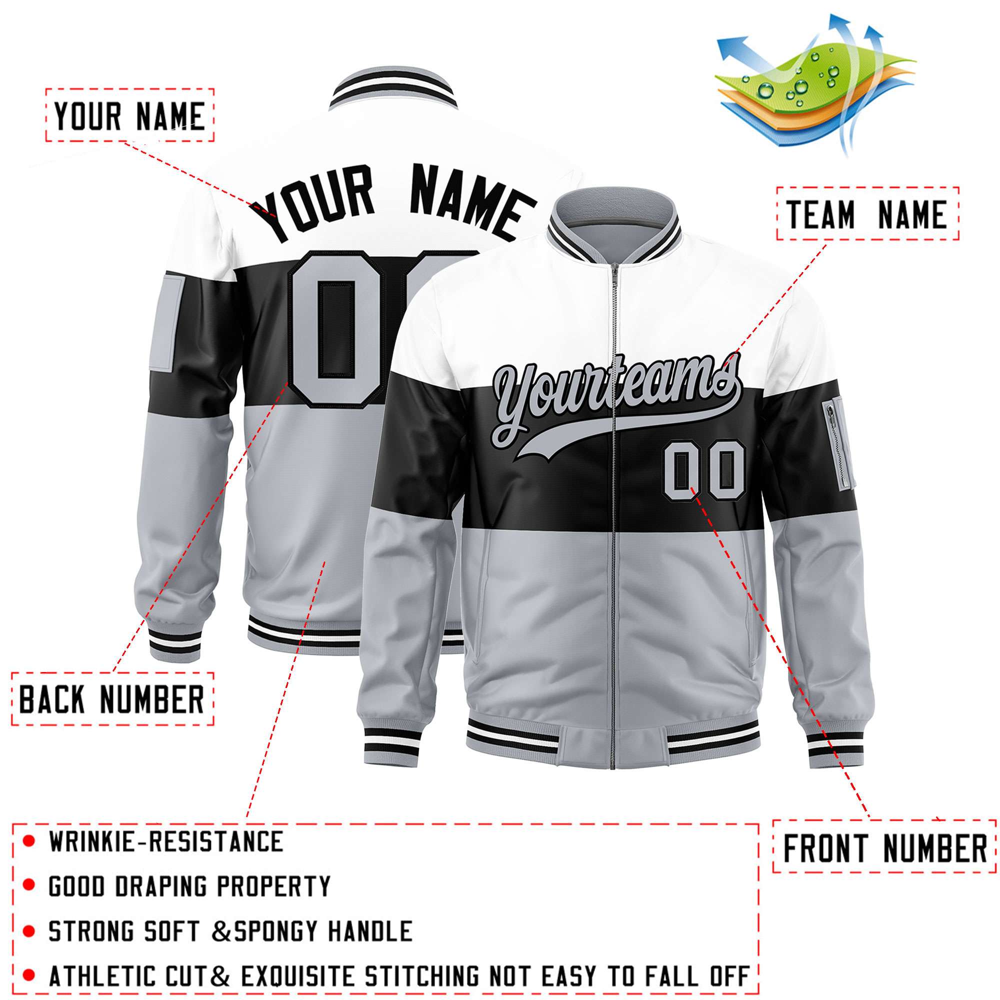 Custom White Black-Silver Varsity Full-Zip Color Block Letterman Bomber Jacket