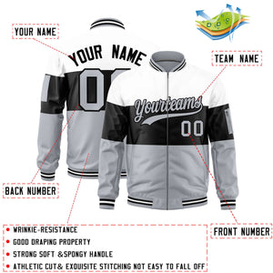 Custom White Black-Silver Varsity Full-Zip Color Block Letterman Bomber Jacket