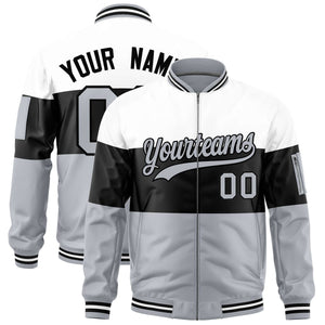 Custom White Black-Silver Varsity Full-Zip Color Block Letterman Bomber Jacket