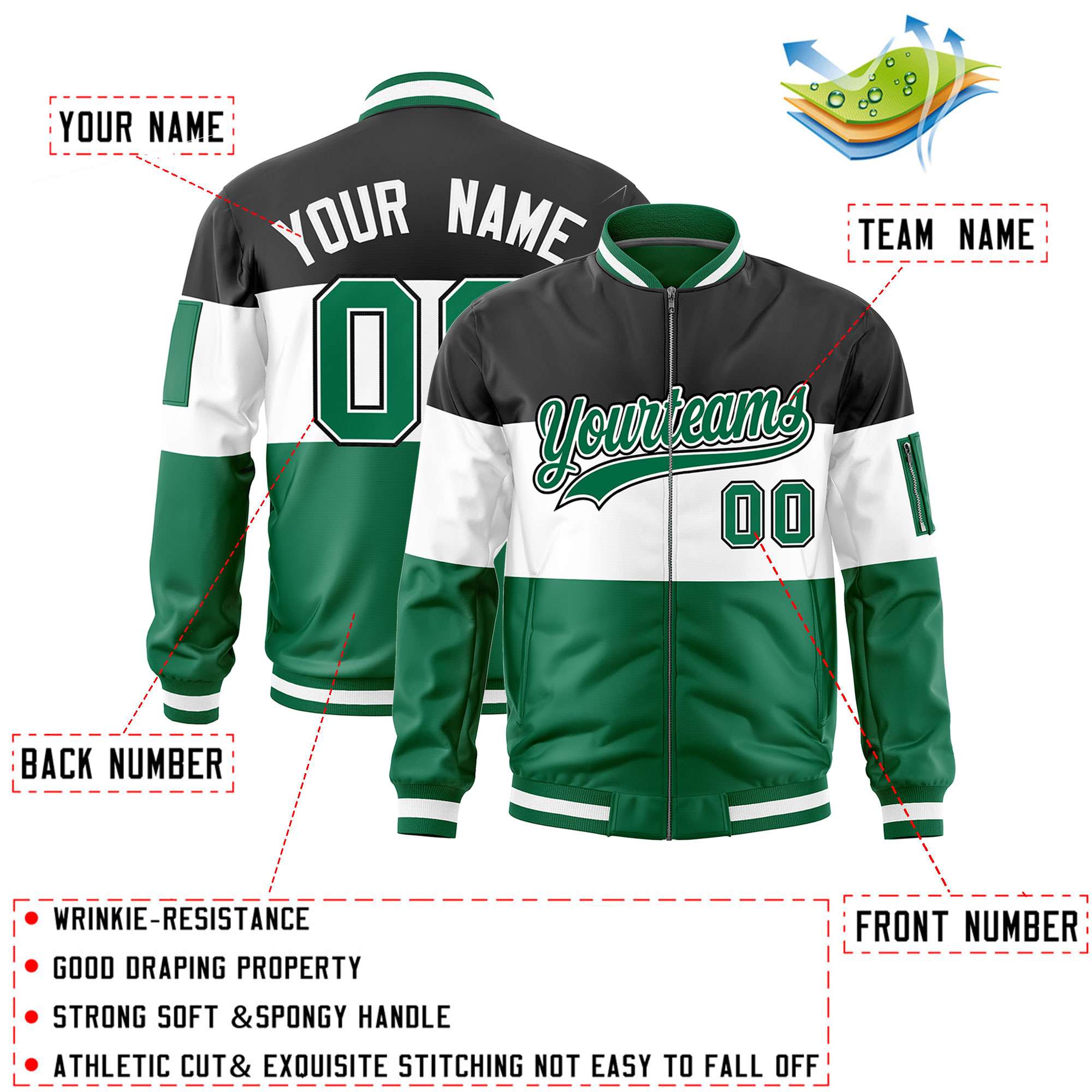 Custom Black White-Kelly Green Varsity Full-Zip Color Block Letterman Bomber Jacket