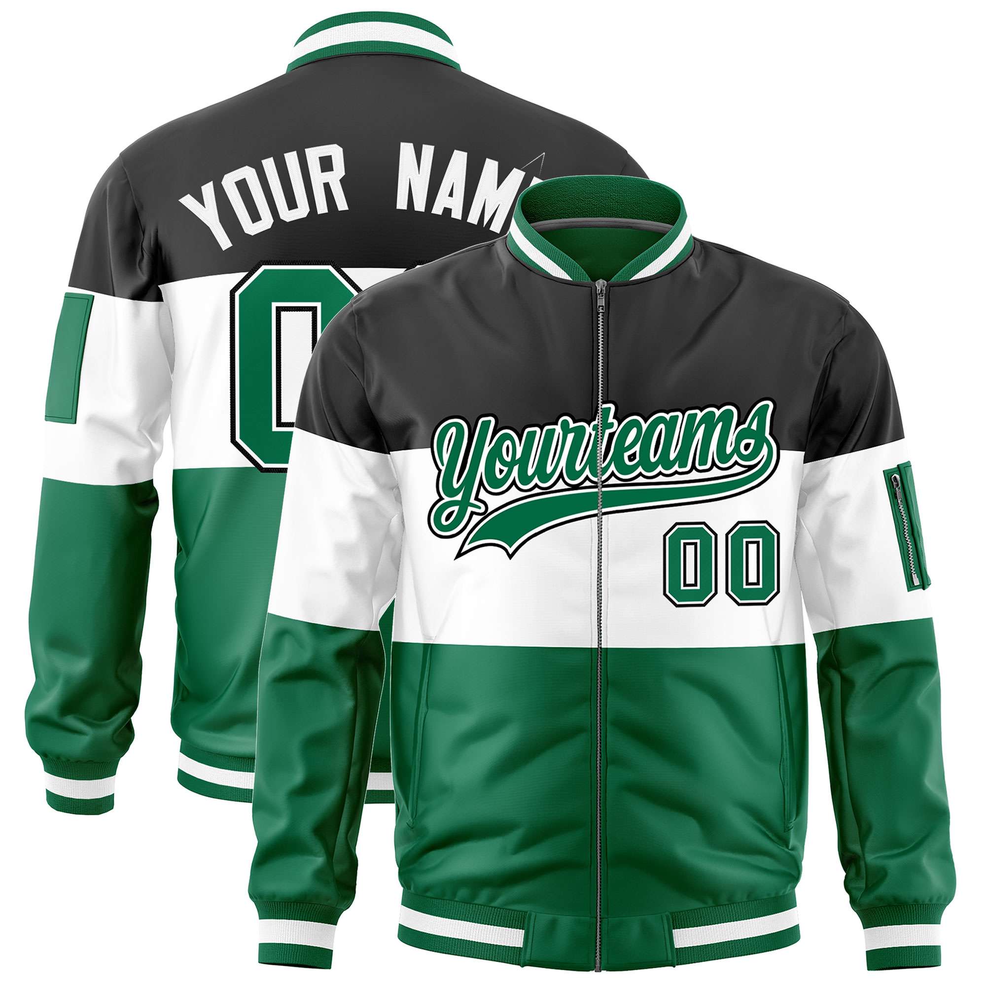 Custom Black White-Kelly Green Varsity Full-Zip Color Block Letterman Bomber Jacket