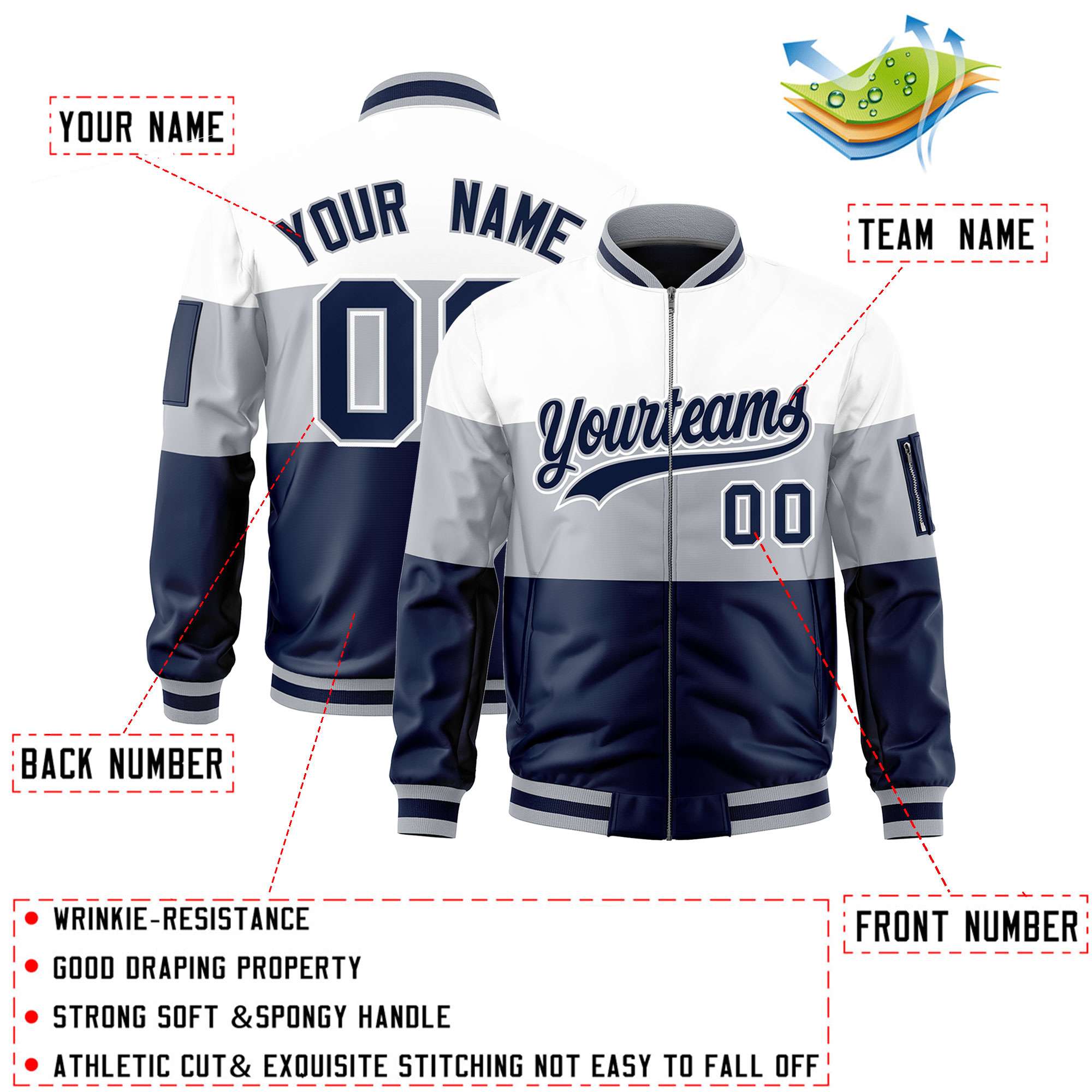 Custom White Silver-Navy Varsity Full-Zip Color Block Letterman Bomber Jacket