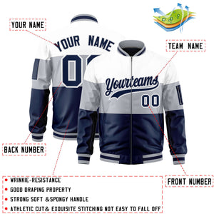 Custom White Silver-Navy Varsity Full-Zip Color Block Letterman Bomber Jacket