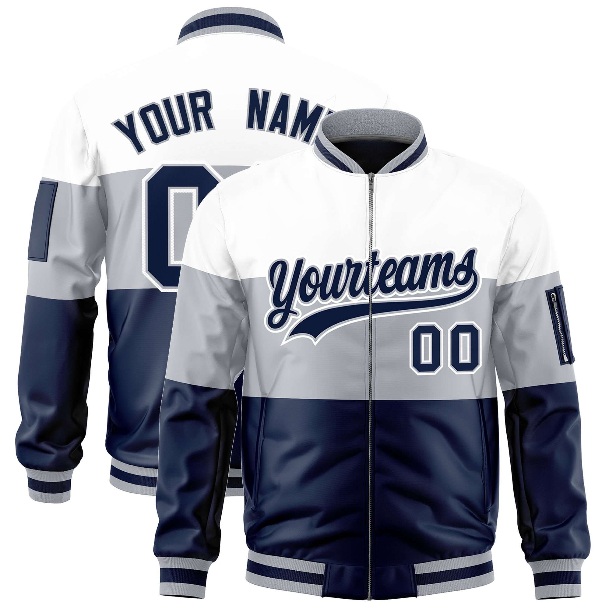 Custom White Silver-Navy Varsity Full-Zip Color Block Letterman Bomber Jacket