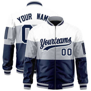 Custom White Silver-Navy Varsity Full-Zip Color Block Letterman Bomber Jacket