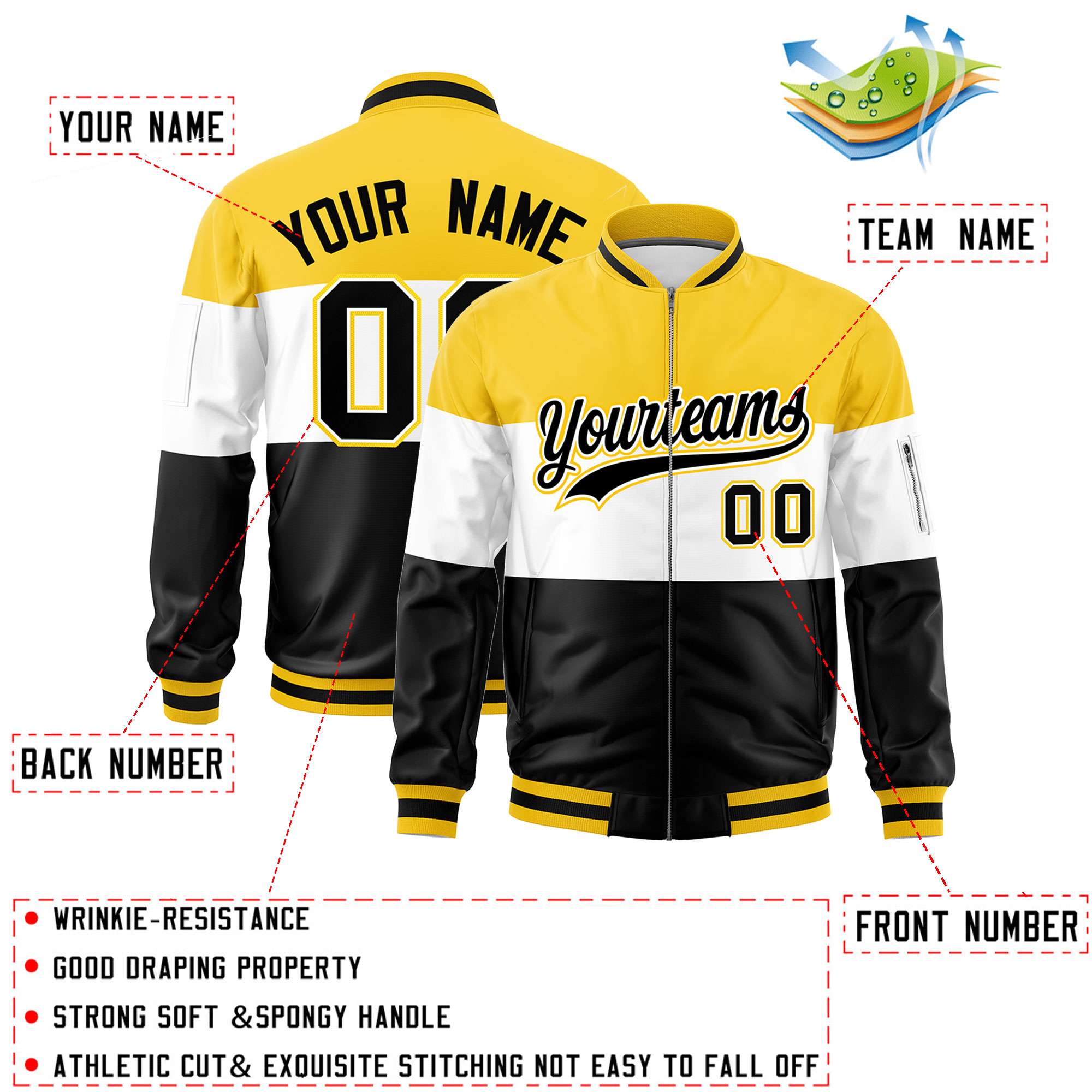 Custom Gold White-Black Varsity Full-Zip Color Block Letterman Bomber Jacket