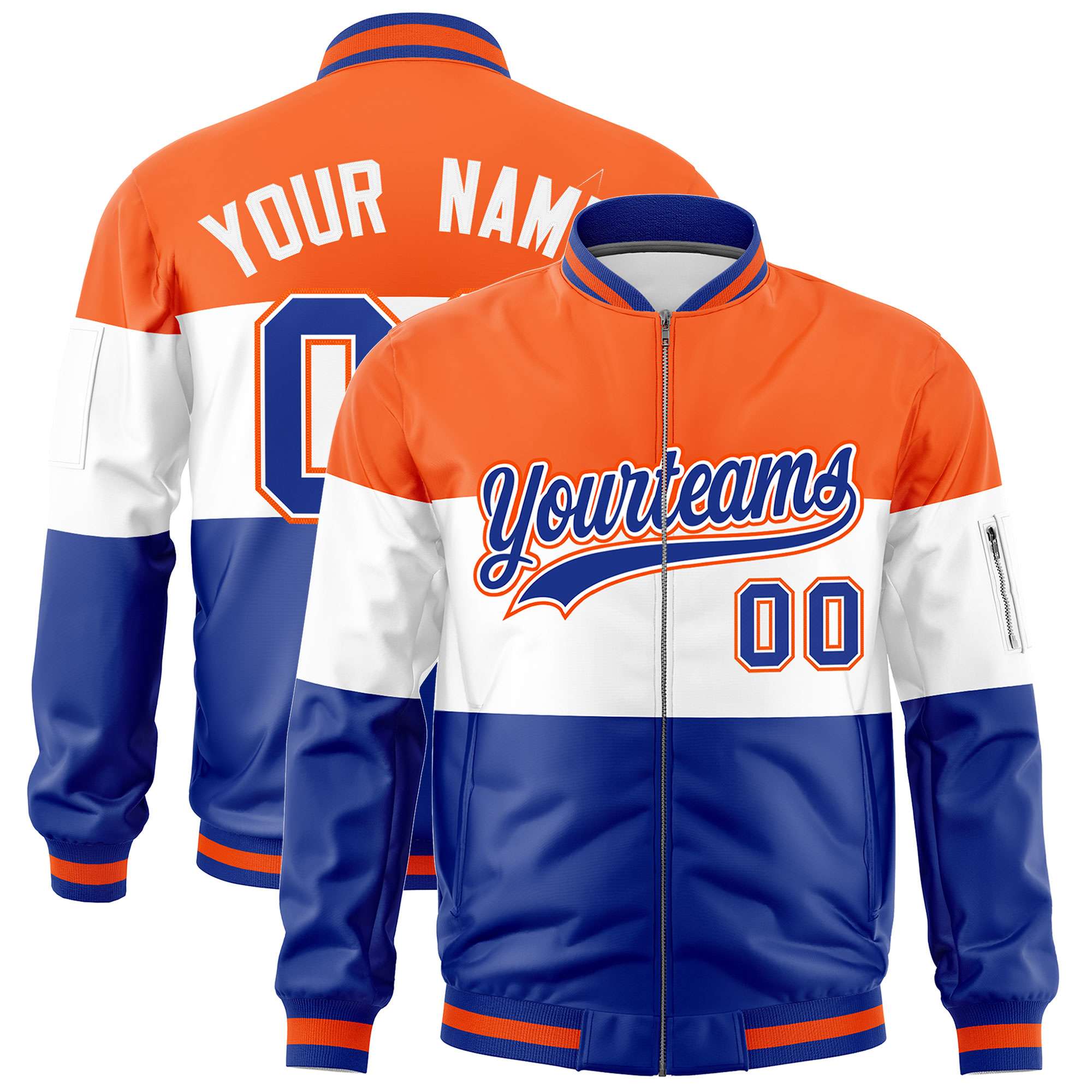 Custom Orange White-Royal Varsity Full-Zip Color Block Letterman Bomber Jacket