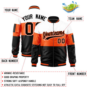 Custom White Orange-Black Varsity Full-Zip Color Block Letterman Bomber Jacket