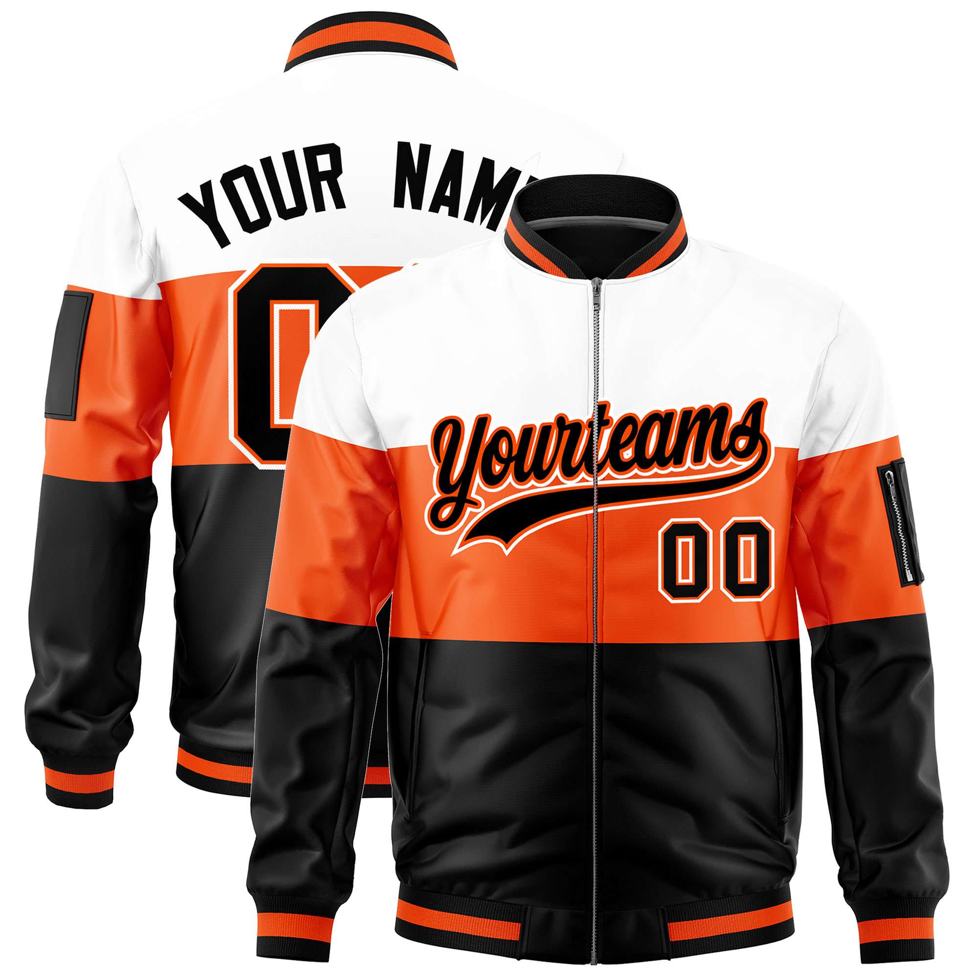 Custom White Orange-Black Varsity Full-Zip Color Block Letterman Bomber Jacket