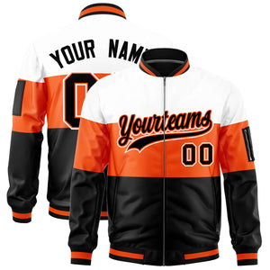 Custom White Orange-Black Varsity Full-Zip Color Block Letterman Bomber Jacket