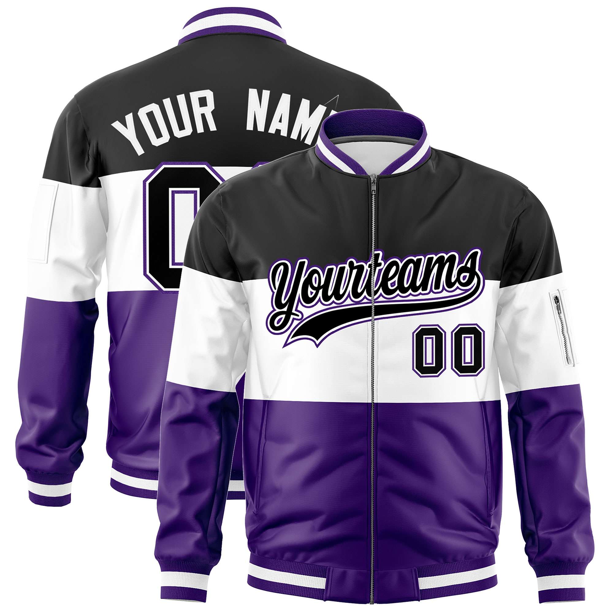 Custom Black White-Purple Varsity Full-Zip Color Block Letterman Bomber Jacket