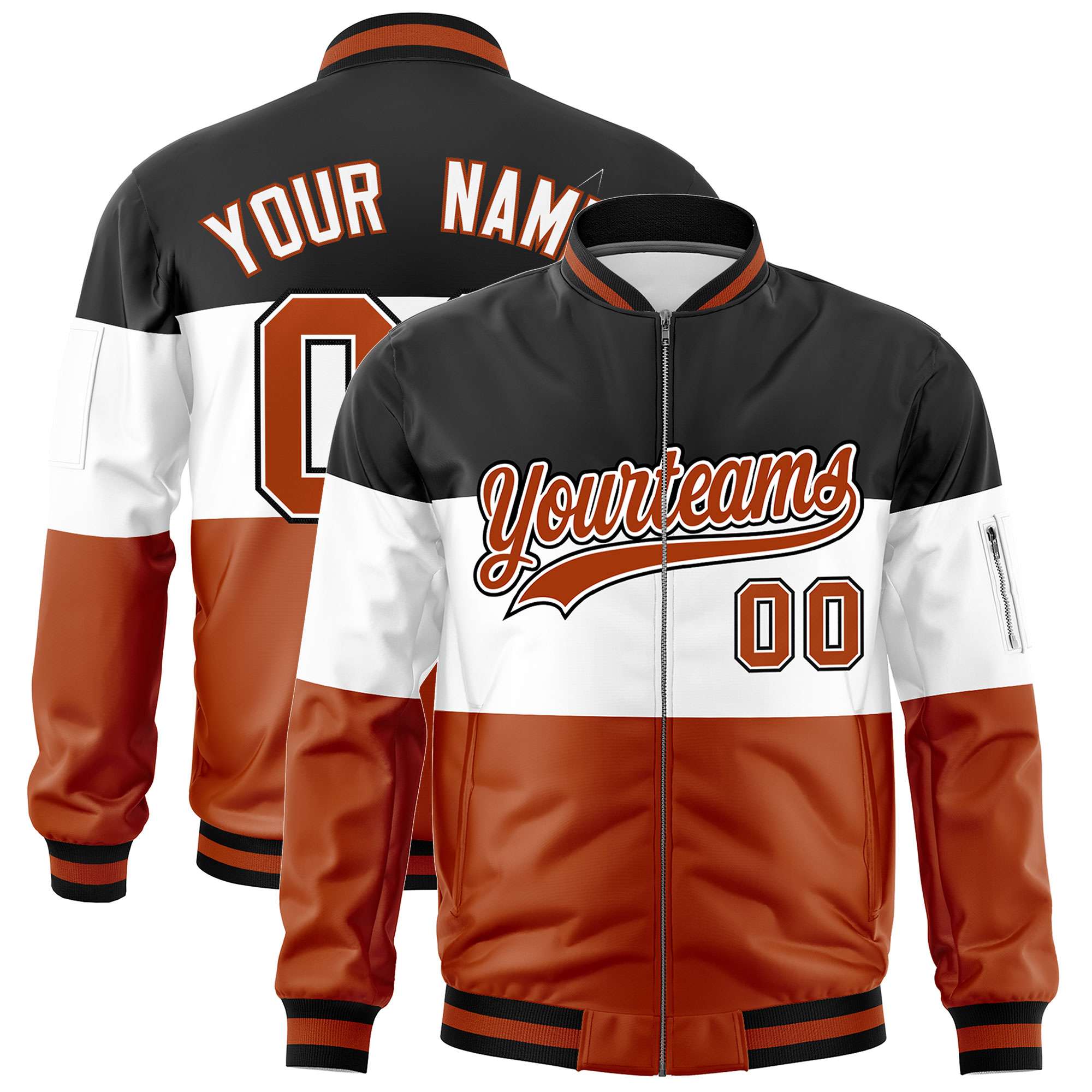 Custom Black White-Texas Orange Varsity Full-Zip Color Block Letterman Bomber Jacket