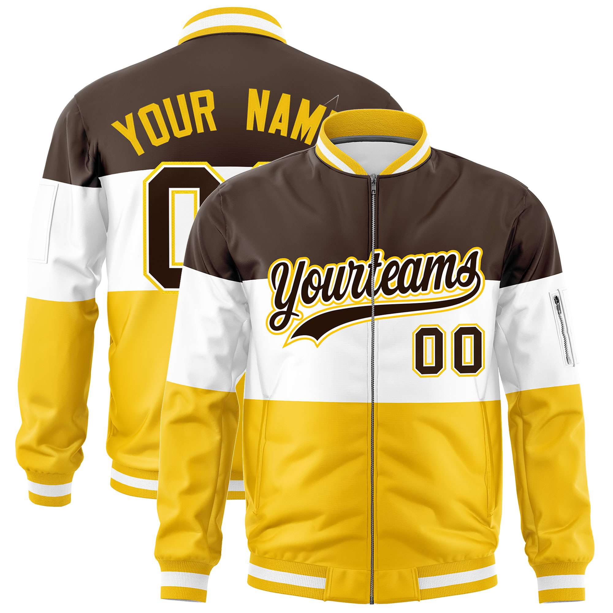 Custom Brown White-Gold Varsity Full-Zip Color Block Letterman Bomber Jacket