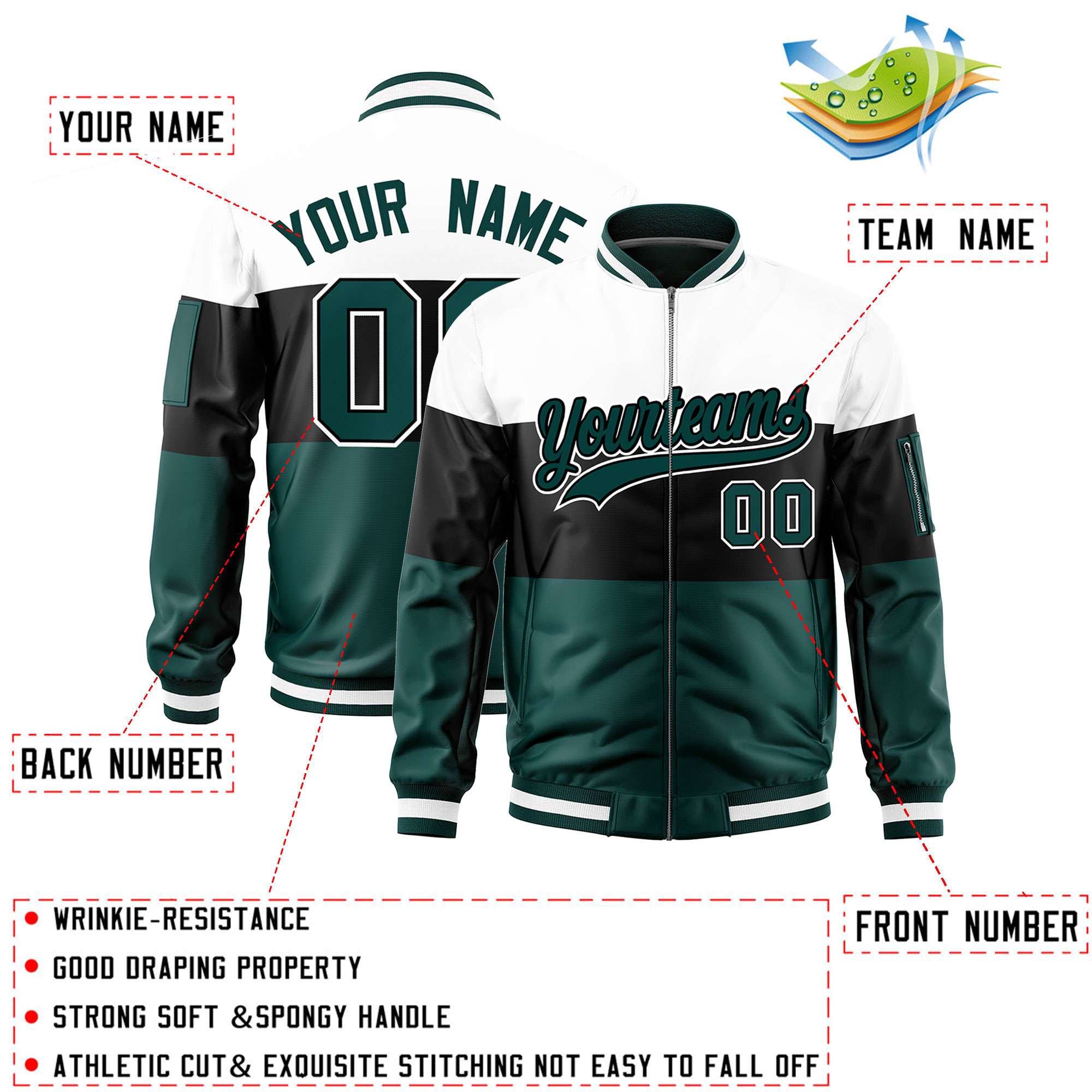 Custom White Black-Midnight Green Varsity Full-Zip Color Block Letterman Bomber Jacket