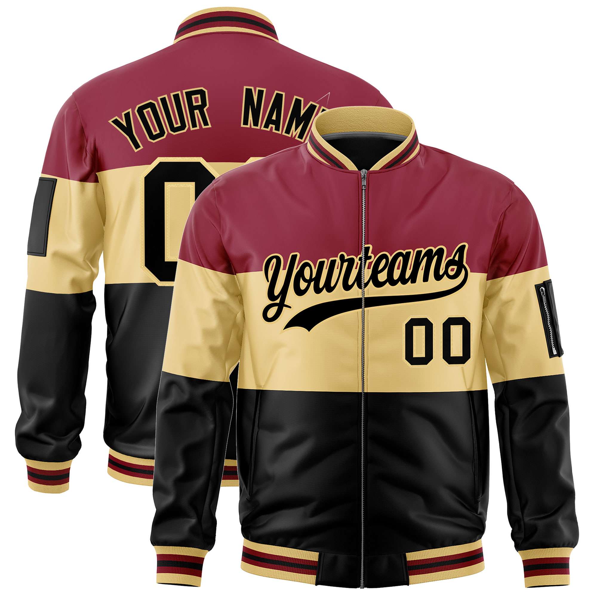 Custom Crimson Khaki-Black Varsity Full-Zip Color Block Letterman Bomber Jacket