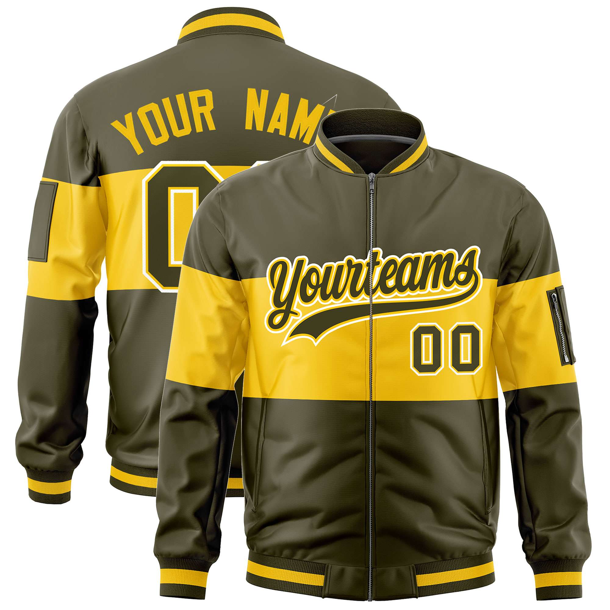 Custom Olive Gold-Olive Varsity Full-Zip Color Block Letterman Bomber Jacket