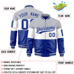 Custom Silver White-Royal Varsity Full-Zip Color Block Letterman Bomber Jacket