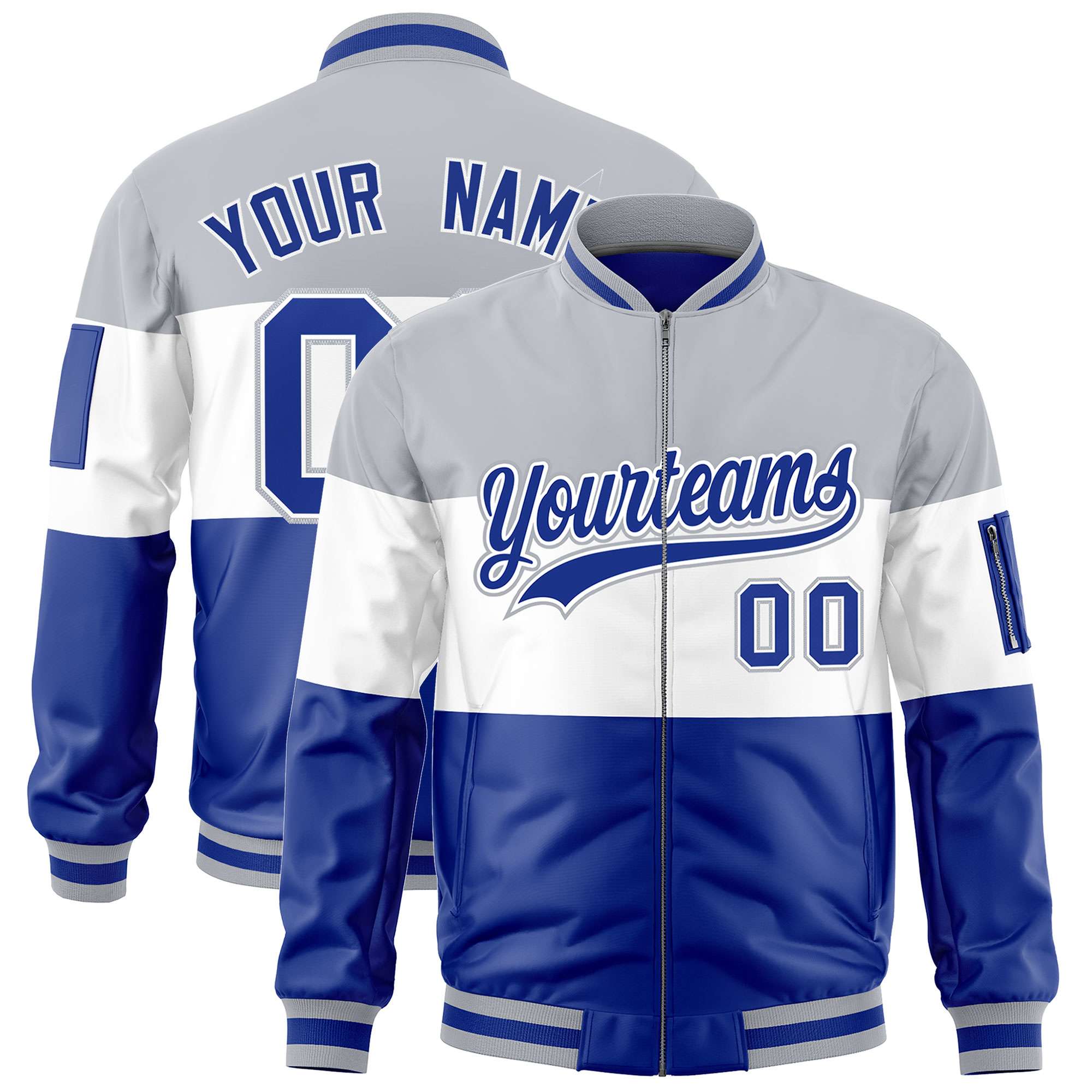 Custom Silver White-Royal Varsity Full-Zip Color Block Letterman Bomber Jacket