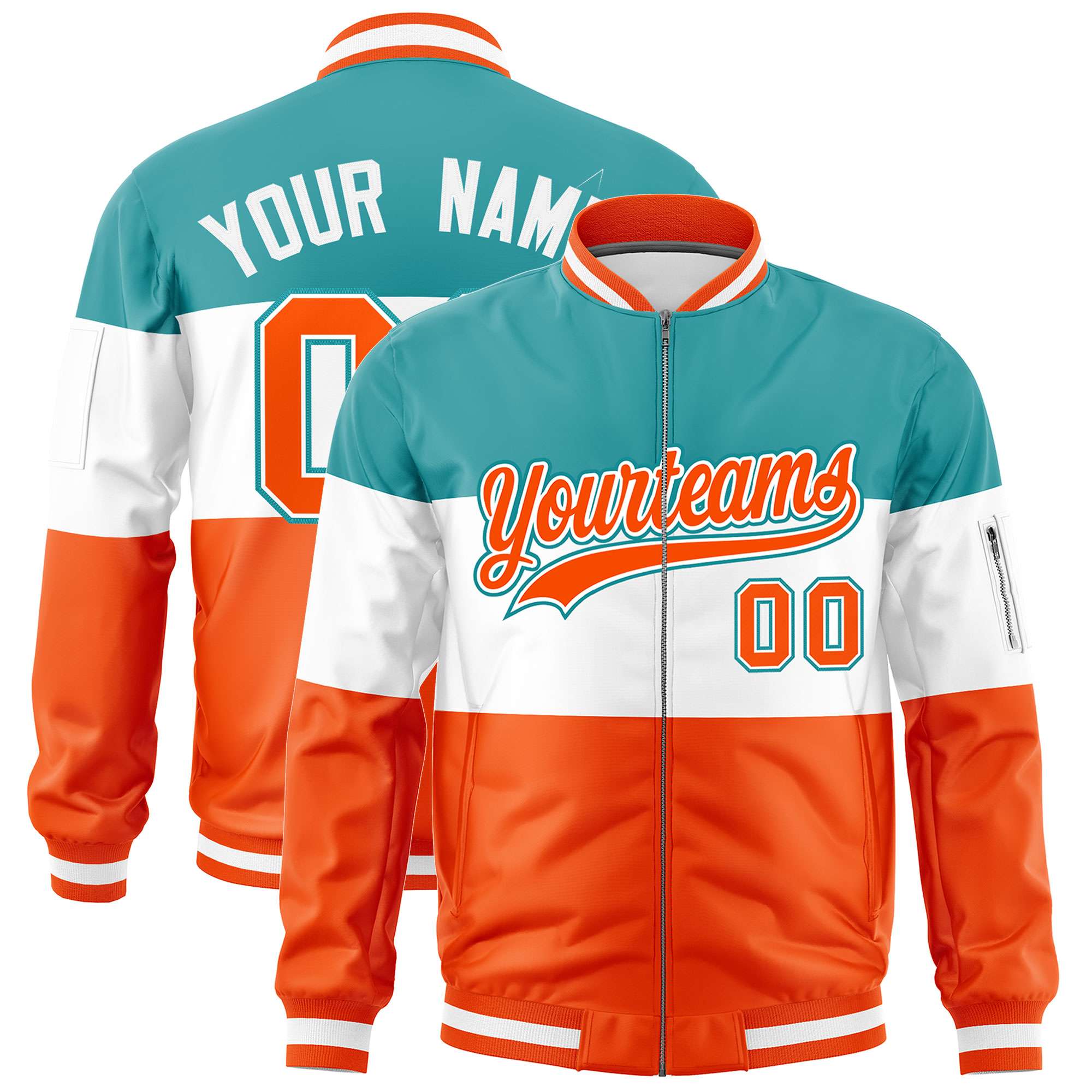 Custom Aqua White-Orange Varsity Full-Zip Color Block Letterman Bomber Jacket