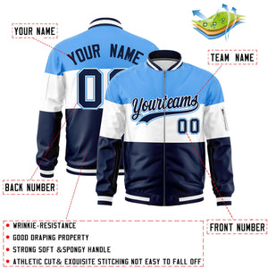 Custom Powder Blue White-Navy Varsity Full-Zip Color Block Letterman Bomber Jacket