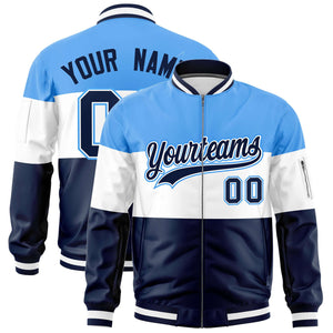 Custom Powder Blue White-Navy Varsity Full-Zip Color Block Letterman Bomber Jacket